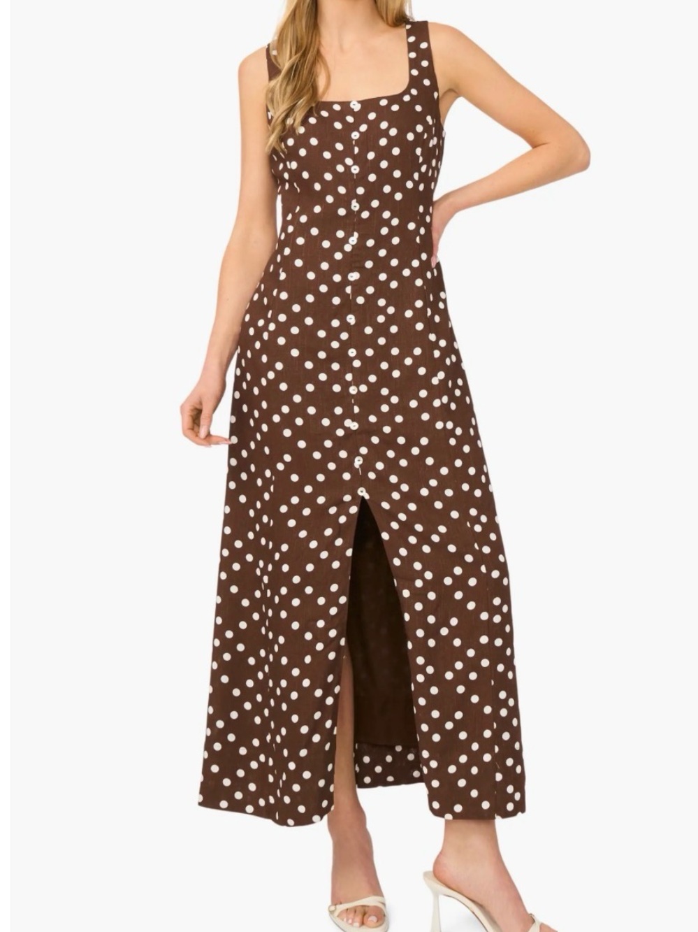 Halogen Brown & White Polka Dot Square-Neck Maxi Dress XS